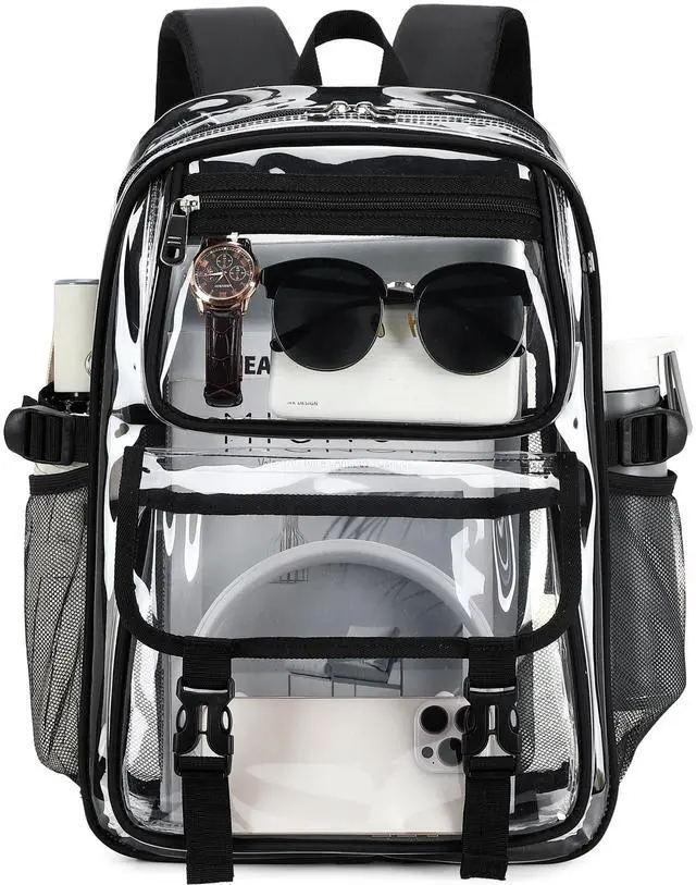 Main image of Large Clear Backpack For Women Men Girls 16 inch Laptop School Bookbag Heavy Duty PVC Transparent Backpacks for College Work Travel See Through Back Pack for Sport Events Stadium, Black