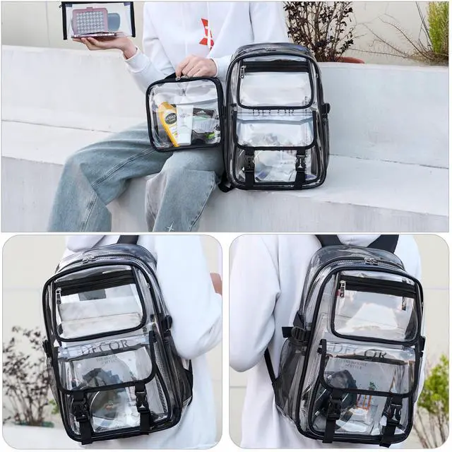 Alt view image 2 of 5 - Large Clear Backpack For Women Men Girls 16 inch Laptop School Bookbag Heavy Duty PVC Transparent Backpacks for College Work Travel See Through Back Pack for Sport Events Stadium, Black