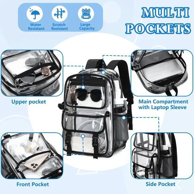Alt view image 3 of 5 - Large Clear Backpack For Women Men Girls 16 inch Laptop School Bookbag Heavy Duty PVC Transparent Backpacks for College Work Travel See Through Back Pack for Sport Events Stadium, Black
