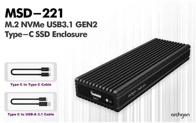 Alt view image 2 of 5 - Archgon External SSD Enclosure USB 3.1 Gen.2 NVMe with Both USB-C and USB-A Cables Compatible with M.2 2230/2242/2260/2280 PCIe-Based Solid State Drive Model MSD-221 (Black)