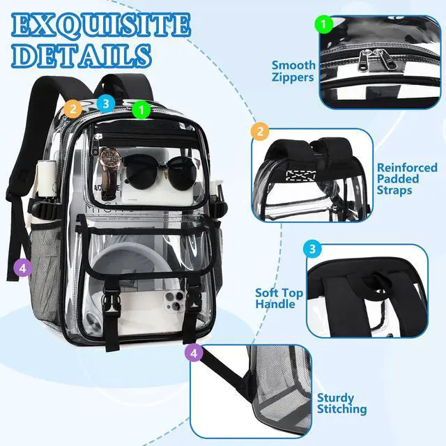 Alt view image 4 of 5 - Large Clear Backpack For Women Men Girls 16 inch Laptop School Bookbag Heavy Duty PVC Transparent Backpacks for College Work Travel See Through Back Pack for Sport Events Stadium, Black