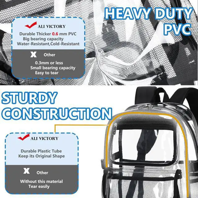 Alt view image 5 of 5 - Large Clear Backpack For Women Men Girls 16 inch Laptop School Bookbag Heavy Duty PVC Transparent Backpacks for College Work Travel See Through Back Pack for Sport Events Stadium, Black