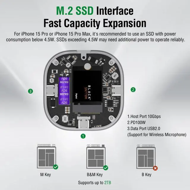Alt view image 2 of 5 - 4smarts Magnetic M.2 2230 NVMe SSD Enclosure 3C with Kickstand, Extra USB-C 2.0 Port, Up to 2TB Storage, USB-C 3.2 Gen 2 10Gbps, 100W PD, MagSafe Compatible Aluminium Case for iPhone, MacBook, iPad