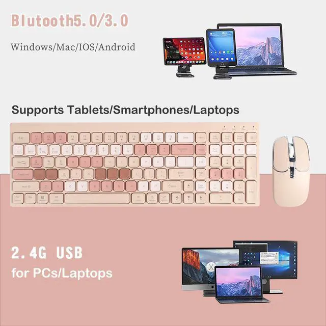 Alt view image 2 of 5 - Wireless Keyboard and Mouse Combo, Multi-Device Bluetooth + 2.4G Wireless Keyboard Mouse, Full-Sized Ergonomic Keyboard Mouse Rechargeable for Windows, Computer, Desktop, Pc, Laptop (Milk Tea Color)
