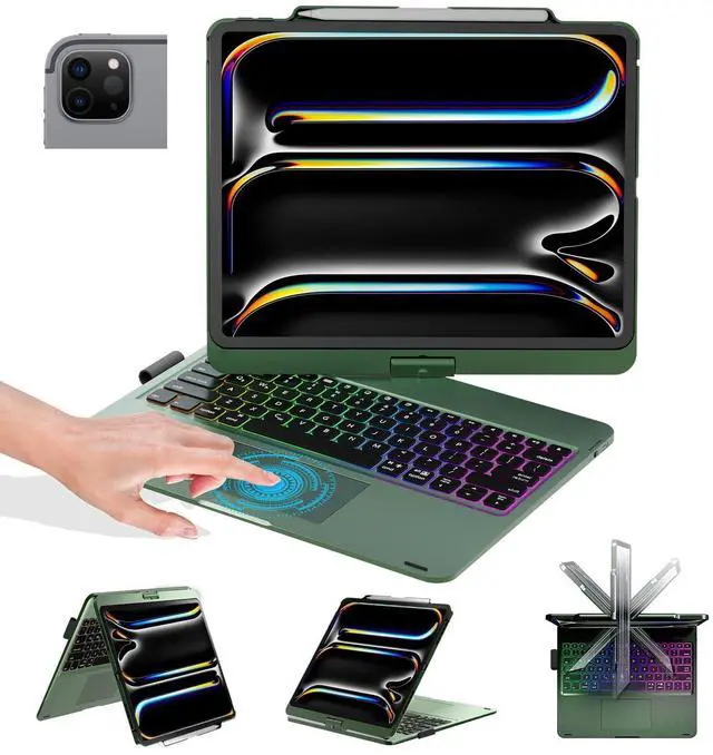Main image of BABG Keyboard Case for iPad Air 13 inch, Compatible with iPad Pro 13 inch M4 2024&iPad 12.9 inch 6th/5th /4th/3rd Gen,Mulit-Toupad,360deg Rotatable,Backlits,Wireless,Pencil Charging-DK Green