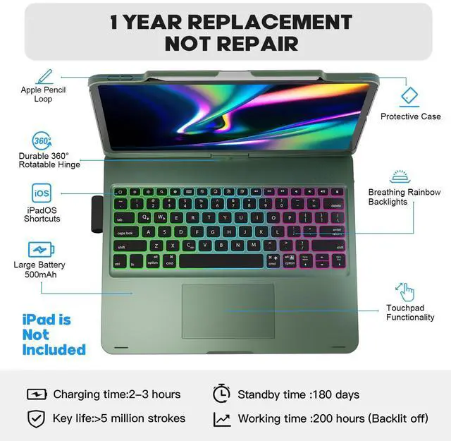 Alt view image 2 of 5 - BABG Keyboard Case for iPad Air 13 inch, Compatible with iPad Pro 13 inch M4 2024&iPad 12.9 inch 6th/5th /4th/3rd Gen,Mulit-Toupad,360deg Rotatable,Backlits,Wireless,Pencil Charging-DK Green