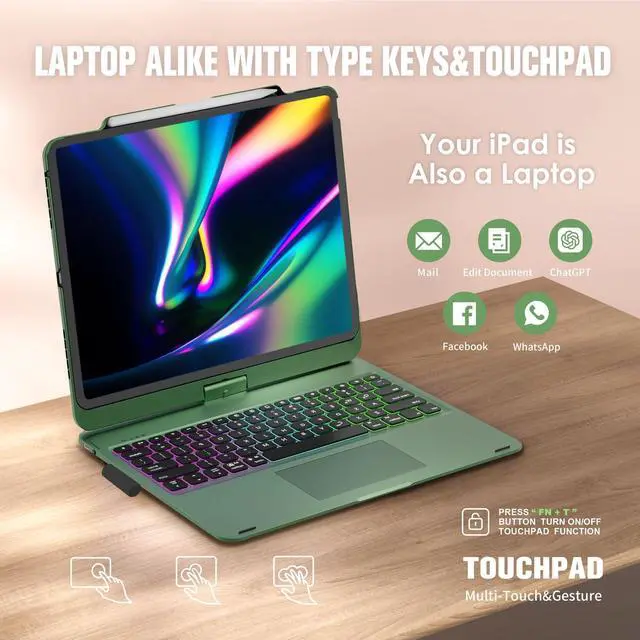 Alt view image 3 of 5 - BABG Keyboard Case for iPad Air 13 inch, Compatible with iPad Pro 13 inch M4 2024&iPad 12.9 inch 6th/5th /4th/3rd Gen,Mulit-Toupad,360deg Rotatable,Backlits,Wireless,Pencil Charging-DK Green
