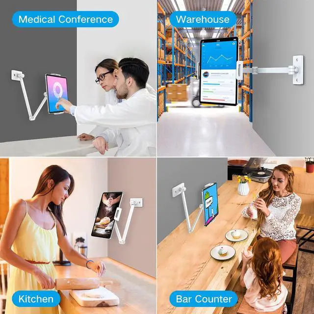 Alt view image 2 of 5 - BEWISER Adjustable Tablet Wall Mount Holder, Swivel 360 Rotating, Compatible with 4.7-12.9 inch Devices, High-Grade Aluminium Alloy, White