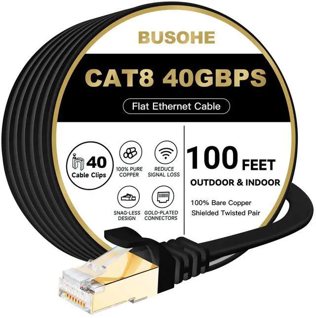 Main image of BUSOHE Cat 8 Ethernet Cable 100 FT, 40Gbps 2000MHz Cat8 High Speed Flat Internet Network Patch Cord, SFTP Shielded LAN Wire with Gold Plated RJ45 Connector for Outdoor Indoor, with Clips- 100FT Black