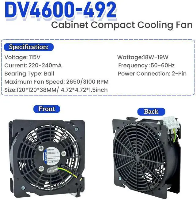 Alt view image 3 of 5 - DV4600-492 Cabinet Compact Cooling Fan 115V 18/19W 220/240mA 12CM 120x120x38mm 3100RPM 2-Wire Axial Flow Fan for Rittal Cabinet