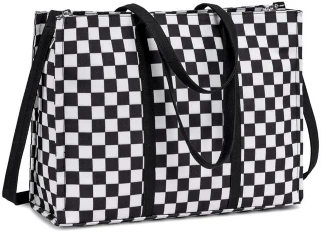 Main image of Laptop Tote Bag for Women Work 15.6 inch Canvas Shoulder Bags Computer Messenger Purse Teacher Handbag Office Briefcase (Black-White Checkered)