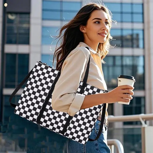 Alt view image 2 of 5 - Laptop Tote Bag for Women Work 15.6 inch Canvas Shoulder Bags Computer Messenger Purse Teacher Handbag Office Briefcase (Black-White Checkered)
