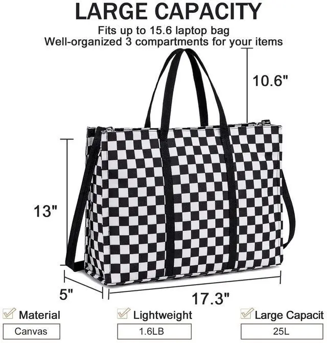 Alt view image 3 of 5 - Laptop Tote Bag for Women Work 15.6 inch Canvas Shoulder Bags Computer Messenger Purse Teacher Handbag Office Briefcase (Black-White Checkered)