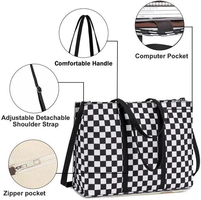 Alt view image 4 of 5 - Laptop Tote Bag for Women Work 15.6 inch Canvas Shoulder Bags Computer Messenger Purse Teacher Handbag Office Briefcase (Black-White Checkered)