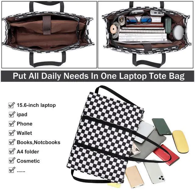 Alt view image 5 of 5 - Laptop Tote Bag for Women Work 15.6 inch Canvas Shoulder Bags Computer Messenger Purse Teacher Handbag Office Briefcase (Black-White Checkered)