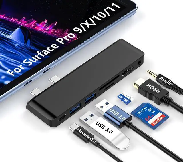 Main image of Surface Pro 11 Docking Station: Surface Pro 11 Copilot+PC/Pro 10/Pro 9 USB Hub Adapter with Thunderbolt 4 (Display+Data+100W PD), 4K HDMI, USB 3.0, SD/TF Reader, 3.5mm Audio Surface Pro 11 Accessories