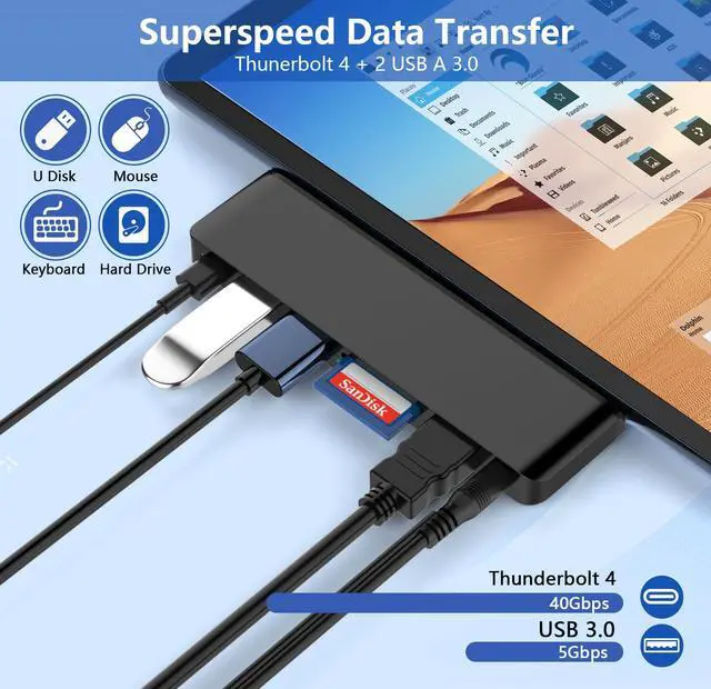 Alt view image 2 of 5 - Surface Pro 11 Docking Station: Surface Pro 11 Copilot+PC/Pro 10/Pro 9 USB Hub Adapter with Thunderbolt 4 (Display+Data+100W PD), 4K HDMI, USB 3.0, SD/TF Reader, 3.5mm Audio Surface Pro 11 Accessories
