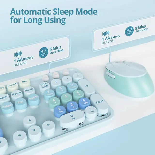 Alt view image 2 of 5 - Ussixchare Blue Keyboard and Mouse, Cute Wireless Keyboard and Mouse Combo, Full Size Typewriter Keyboard with Number Pad, Colorful Keyboard for Pc Laptop(Blue Colorful)
