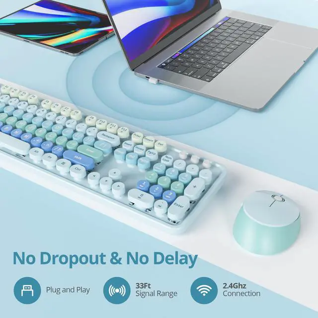 Alt view image 3 of 5 - Ussixchare Blue Keyboard and Mouse, Cute Wireless Keyboard and Mouse Combo, Full Size Typewriter Keyboard with Number Pad, Colorful Keyboard for Pc Laptop(Blue Colorful)