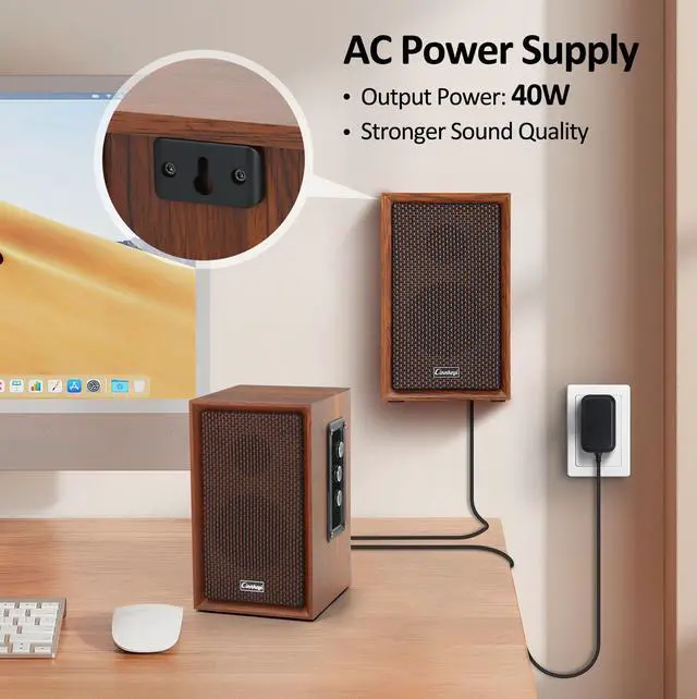 Alt view image 3 of 5 - 40W Computer Speakers,2.0 AC Powered Wooden PC Speakers with Strong Bass,7.28" X 2 AC Powered USB/Bluetooth Bookshelf Speakers with USB Input for DSP PC Speaker, Wooden Speaker for Laptop (C5201-US)