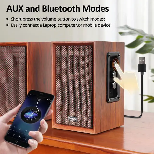 Alt view image 4 of 5 - 40W Computer Speakers,2.0 AC Powered Wooden PC Speakers with Strong Bass,7.28" X 2 AC Powered USB/Bluetooth Bookshelf Speakers with USB Input for DSP PC Speaker, Wooden Speaker for Laptop (C5201-US)