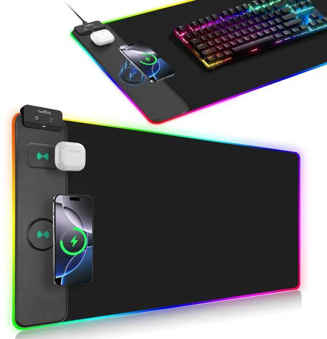 Main image of Wireless Charging Mouse Pad, RGB Gaming Mousepad, 31.5"x15.7" Extra Large Desk Pad, 13 Light Modes, Ultra-Smooth Surface, Non-Slip Base, Waterproof Computer Keyboard Mat for MacBook, PC, Laptop, Black