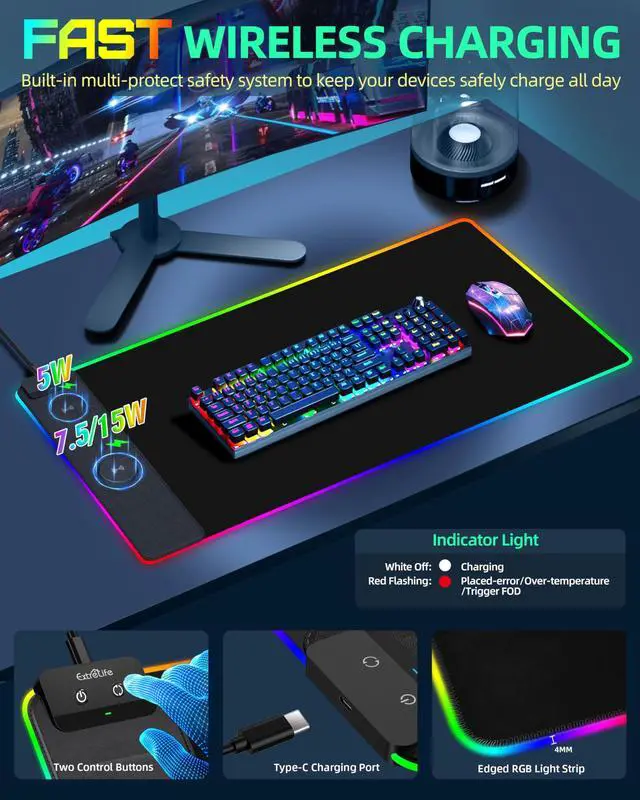 Alt view image 5 of 5 - Wireless Charging Mouse Pad, RGB Gaming Mousepad, 31.5"x15.7" Extra Large Desk Pad, 13 Light Modes, Ultra-Smooth Surface, Non-Slip Base, Waterproof Computer Keyboard Mat for MacBook, PC, Laptop, Black