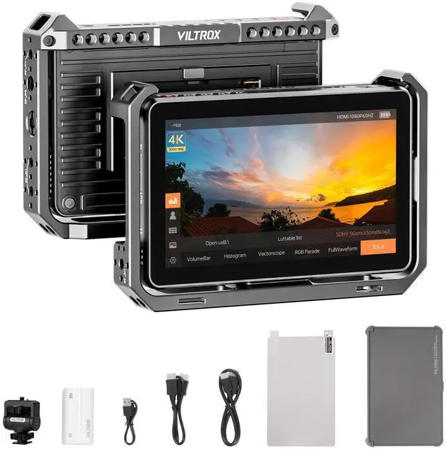 Main image of VILTROX DC-X2 6'' Touchscreen Camera Monitor with Rig Cage, 2000 nits 4K HDMI in/Out Video Field Monitor Kit with Sunshade Hood, 3D LUT, Waveform, Histogram & Vectorscope Tools, Black