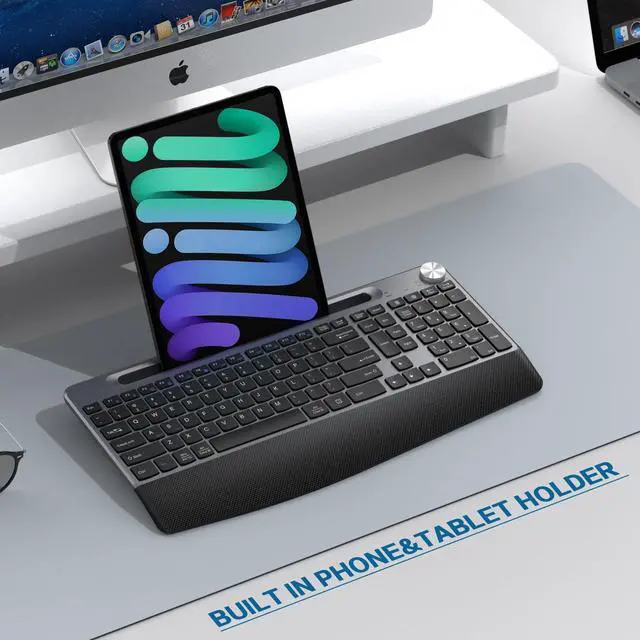 Alt view image 4 of 5 - GAMCATZ Ergonomic Wireless Keyboard with Wrist Rest-Low-Profile,Phone/Tablet Holder,Quiet Design,Windows & Mac OS,Full Size Cordless USB Computer Keyboard for Desktop,Laptop, PC, Mac, Windows-Grey