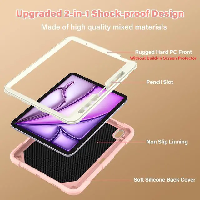 Alt view image 4 of 5 - HOGENL Case for iPad Air 11-inch (M2 and M3) for Kids Girls with Stylus Holder, Cover for iPad Air 6th 2024/2025 with Butterfly Stand, Carrying Strap, Heavy Duty Full Body Protective - Pink