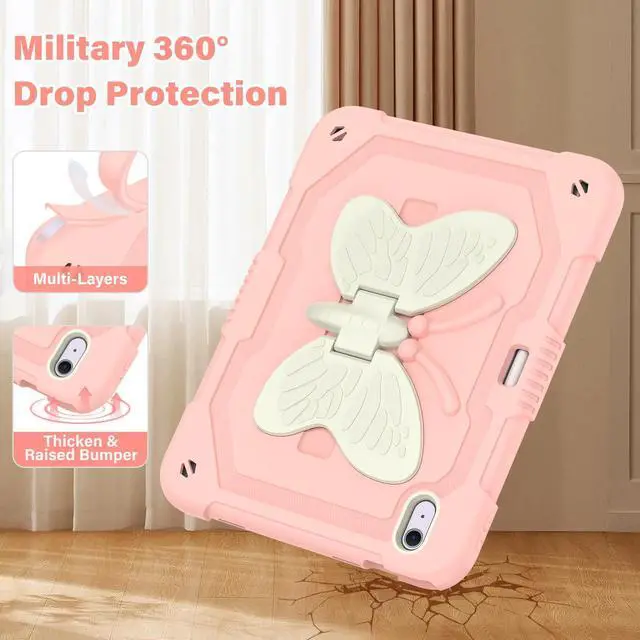 Alt view image 3 of 5 - HOGENL Case for iPad Air 11-inch (M2 and M3) for Kids Girls with Stylus Holder, Cover for iPad Air 6th 2024/2025 with Butterfly Stand, Carrying Strap, Heavy Duty Full Body Protective - Pink