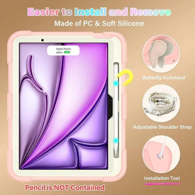 Alt view image 5 of 5 - HOGENL Case for iPad Air 11-inch (M2 and M3) for Kids Girls with Stylus Holder, Cover for iPad Air 6th 2024/2025 with Butterfly Stand, Carrying Strap, Heavy Duty Full Body Protective - Pink