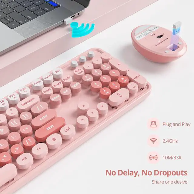 Alt view image 2 of 5 - GTSP Colorful Pink Wireless Keyboard and Mouse Combo, Wireless Typewriter Full-Size Retro Cute Aesthetic Keyboard 2.4GHz with Round Keycaps for Desktop Laptop and PC (Cute Pink)