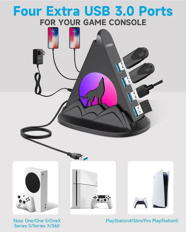 Alt view image 3 of 5 - Powered USB Hub 3.0, 6-Port USB Hub(4 USB 3.0 Data Ports + 2 USB Smart Charging Port) with RGB Night Light and Base, USB hub Powered with 12V/4A Power Adapter for Mac, PC, Laptop, USB Flash Drives