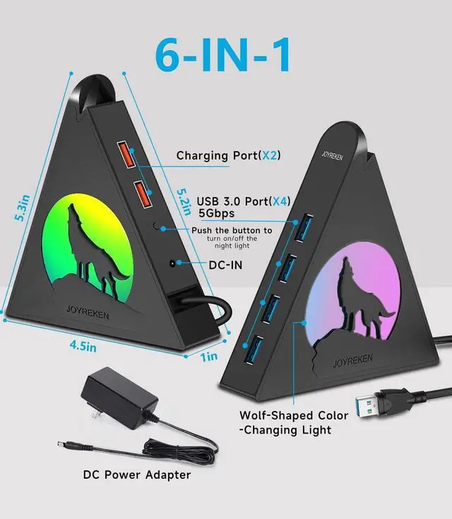 Alt view image 2 of 5 - Powered USB Hub 3.0, 6-Port USB Hub(4 USB 3.0 Data Ports + 2 USB Smart Charging Port) with RGB Night Light and Base, USB hub Powered with 12V/4A Power Adapter for Mac, PC, Laptop, USB Flash Drives