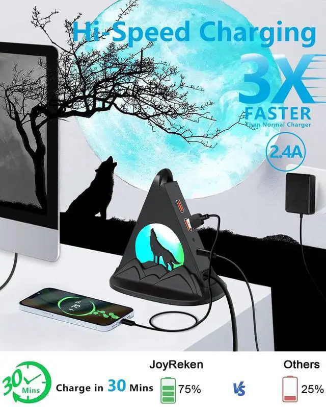 Alt view image 5 of 5 - Powered USB Hub 3.0, 6-Port USB Hub(4 USB 3.0 Data Ports + 2 USB Smart Charging Port) with RGB Night Light and Base, USB hub Powered with 12V/4A Power Adapter for Mac, PC, Laptop, USB Flash Drives