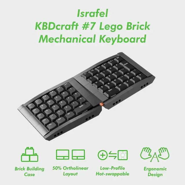 Alt view image 2 of 5 - KBDcraft 07Israfel 50% Ergo-Split Low-Profile Mechanical Keyboard, 56-Key Ortho, Lego-Compatible Case, Wired, Linear Switch, Gasket Mount, Hot-Swappable, RGB, QMK, Vial, Full Kit, (Black)