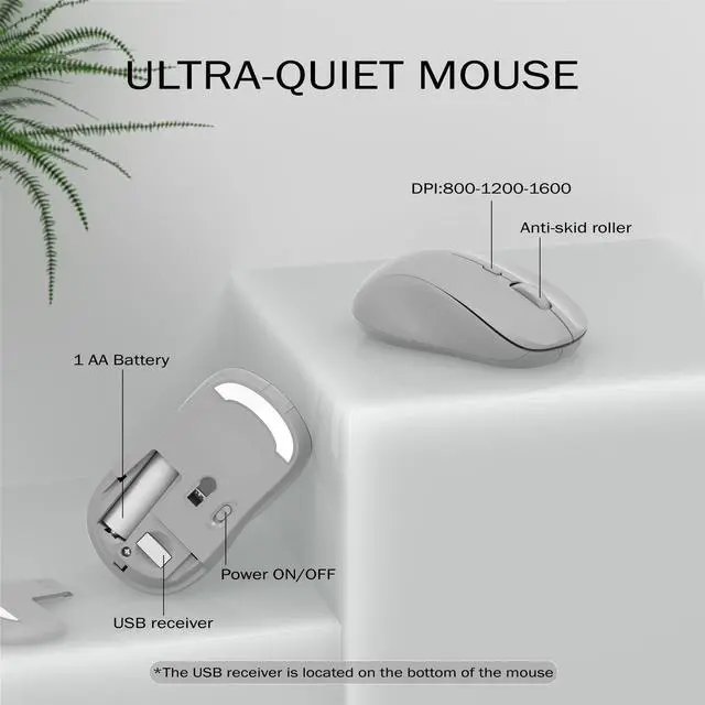 Alt view image 5 of 5 - KEQTFT Wireless Keyboard and Mouse Combo, 110 Round Quiet Keys, Adjustable Optical Mouse, Share 1xUSB Receiver, Power Switch, for Windows Mac(Gray)