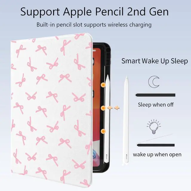 Alt view image 3 of 5 - Cute Kawaii Pink Bow for iPad (A16) Case 11th/10th Generation 11''/10.9'' 2025/2022 with Pencil Holder, Auto Sleep/Wake and Multiple Viewing Angles, White Leather Soft TPU Back Cover