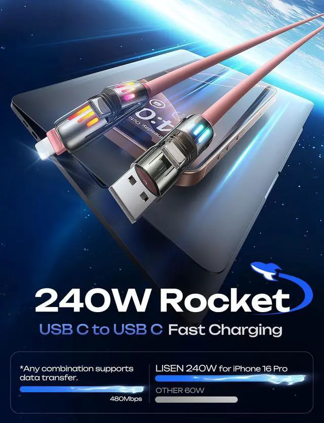 Alt view image 3 of 5 - LISEN Pink iPhone Charger Cable, 240W Chubby USB C Cable, 4 in 1 Charging Cable (6.6FT) with Light, USB A/C to C/L Multi Charging for iPhone 16 15 14 Pro Max/MacBook/iPad Pro/Samsung, Pink Accessories
