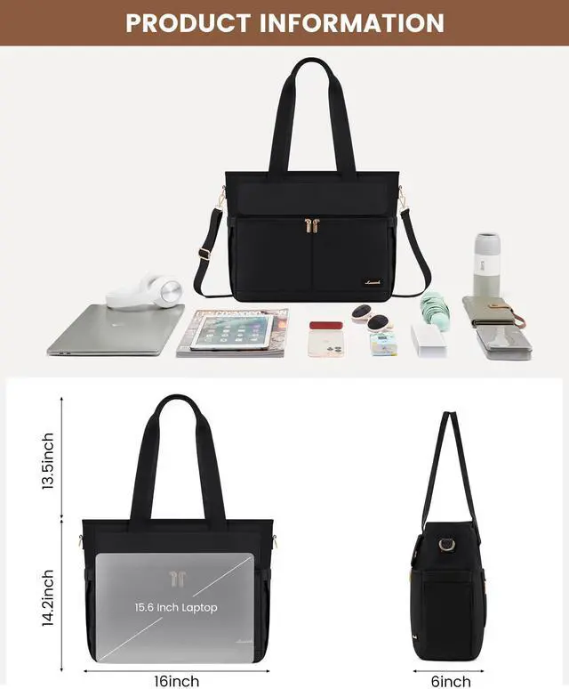 Alt view image 3 of 5 - LOVEVOOK Work Bags for Women 15.6 Inch Canvas Work Tote Bags Large Capability Laptop Purse Professional Teacher Tote Bag Casual Computer Briefcase for Office Travel Nurse, Black