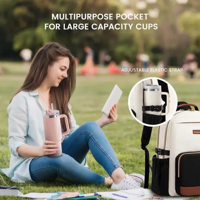 Alt view image 2 of 5 - LOVEVOOK Laptop Backpack for Women with Pouch Pocket for Large Capacity Cup,15.6 Inch Laptop Computer Bag Travel Backpack Purse,Waterproof Work Business Backpack College Teacher Bags,Beige-Black-Brown