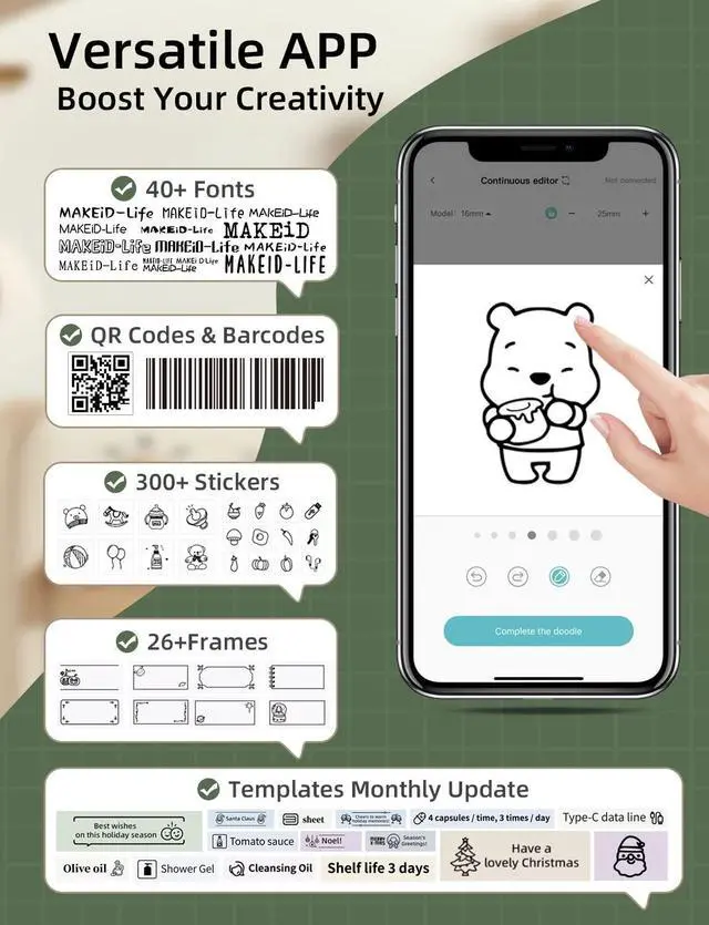 Alt view image 5 of 5 - Makeid Q1 Label Maker Machine with Tape - Portable Bluetooth Label Makers for Home & Office Organization - Compatible with Apple iOS & Android - Clear Prints, Custom Templates & Fonts, Retro Design