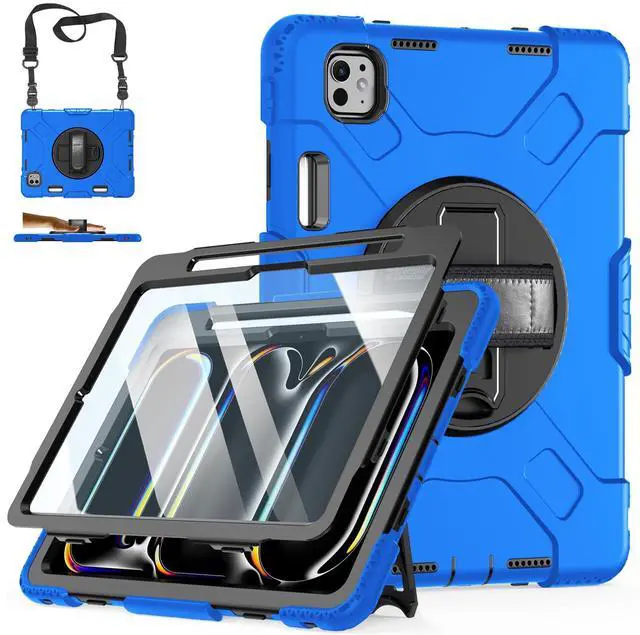 Main image of Case for iPad Pro 11 M4 2024: Protective Cover for iPad Pro 11 Inch 5th Generation with Screen Protector- Stand- Handle- Shoulder Strap- Pencil Holder-Black+Blue