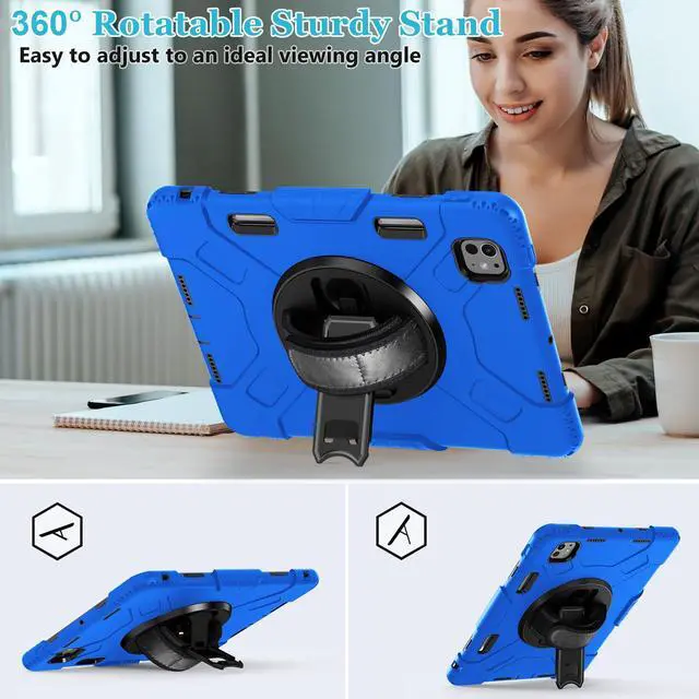 Alt view image 3 of 5 - Case for iPad Pro 11 M4 2024: Protective Cover for iPad Pro 11 Inch 5th Generation with Screen Protector- Stand- Handle- Shoulder Strap- Pencil Holder-Black+Blue