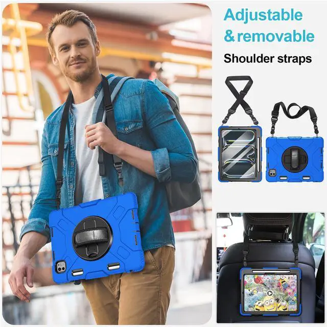Alt view image 5 of 5 - Case for iPad Pro 11 M4 2024: Protective Cover for iPad Pro 11 Inch 5th Generation with Screen Protector- Stand- Handle- Shoulder Strap- Pencil Holder-Black+Blue