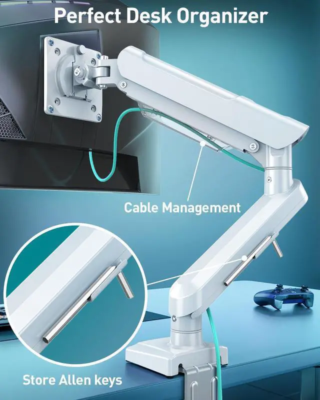 Alt view image 3 of 5 - Single Monitor Desk Mount, 13-32 inch Adjustable Gas Spring Monitor Arm, Computer Display Stand Holder with Clamp and Grommet Base, Fits 4.4 to 22lbs Screens, VESA Mount Bracket, White, Freelift Pro