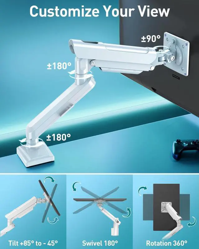 Alt view image 5 of 5 - Single Monitor Desk Mount, 13-32 inch Adjustable Gas Spring Monitor Arm, Computer Display Stand Holder with Clamp and Grommet Base, Fits 4.4 to 22lbs Screens, VESA Mount Bracket, White, Freelift Pro