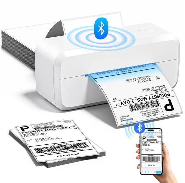 Alt view image 3 of 5 - NelkoGlobal White Bluetooth Thermal Shipping Label Printer, with 4" x 6" Roll Direct Thermal Labels, 500 Labels Per Stack