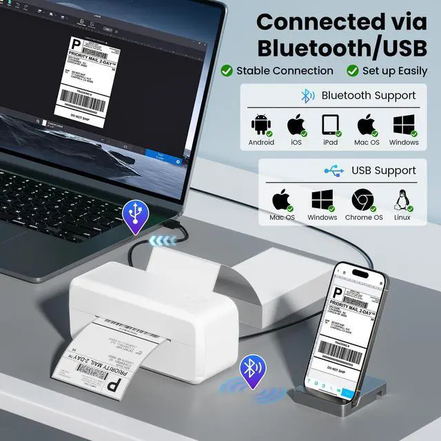 Alt view image 5 of 5 - NelkoGlobal White Bluetooth Thermal Shipping Label Printer, with 4" x 6" Roll Direct Thermal Labels, 500 Labels Per Stack